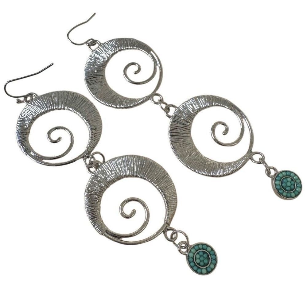Silver tone Spiral Dangle Earrings with Turquoise Beaded Charms